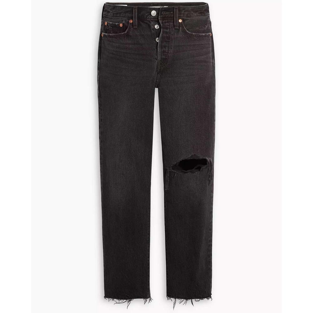 Levi's Women's Wedgie Straight Black Wash Distressed Jeans Casual Button Fly 26"